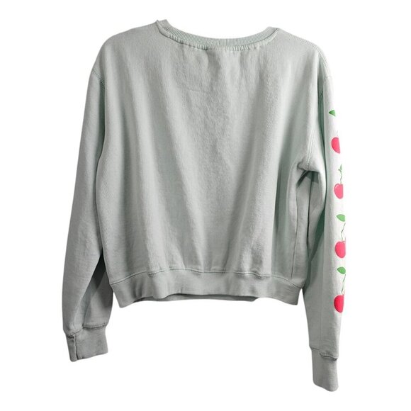 Relaxx Cherry Print Pull Over Cropped Light Green Long Sleeve Sweatshirt Top - Picture 4 of 6